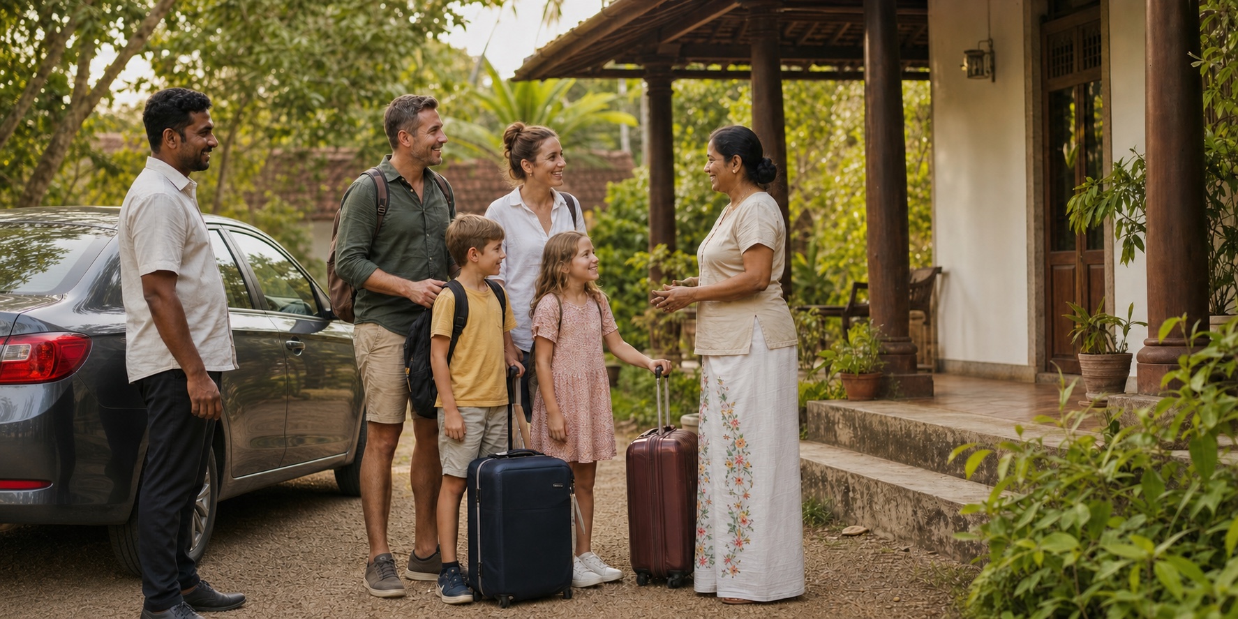 Sri Lankan homestay host welcoming a family arriving with a local driver
