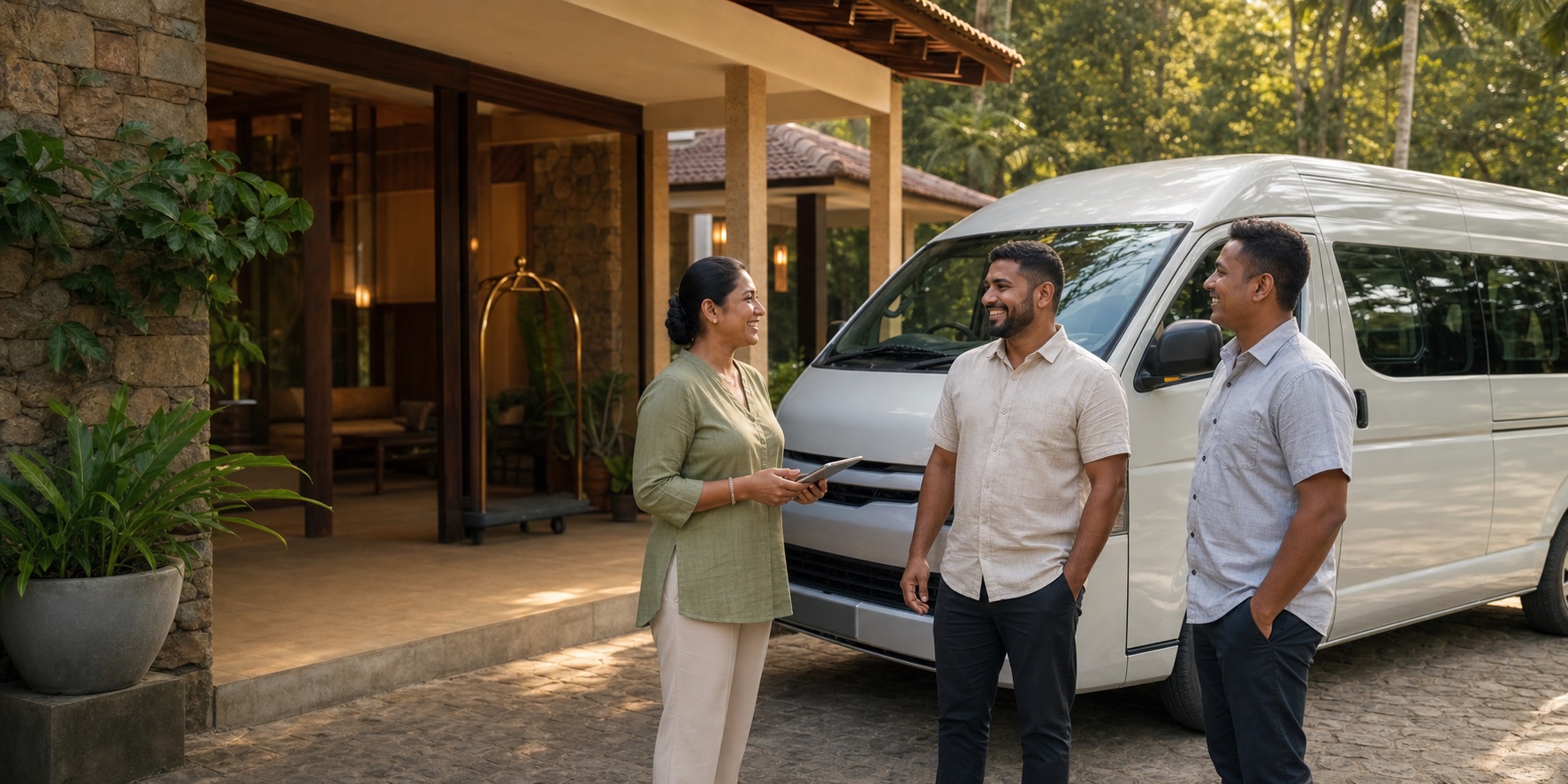 Sri Lankan hotel host talking naturally with trusted local drivers beside a passenger van