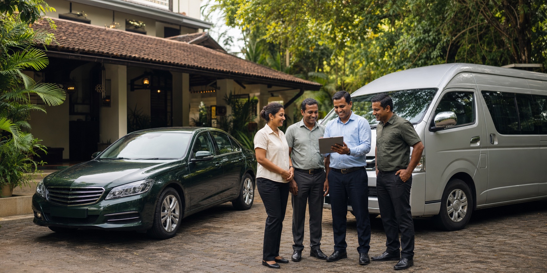 Sri Lankan hotel team and local drivers beside their everyday passenger vehicles