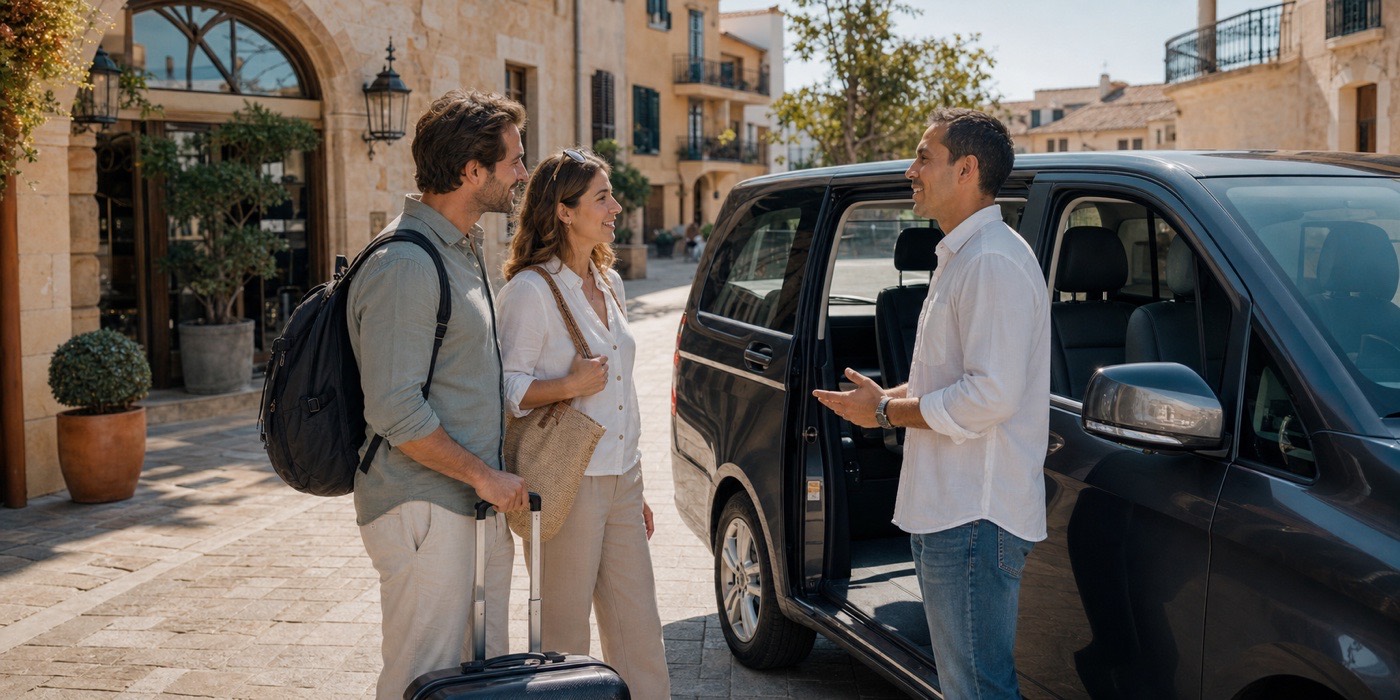 Travelers meeting a local driver beside his minivan