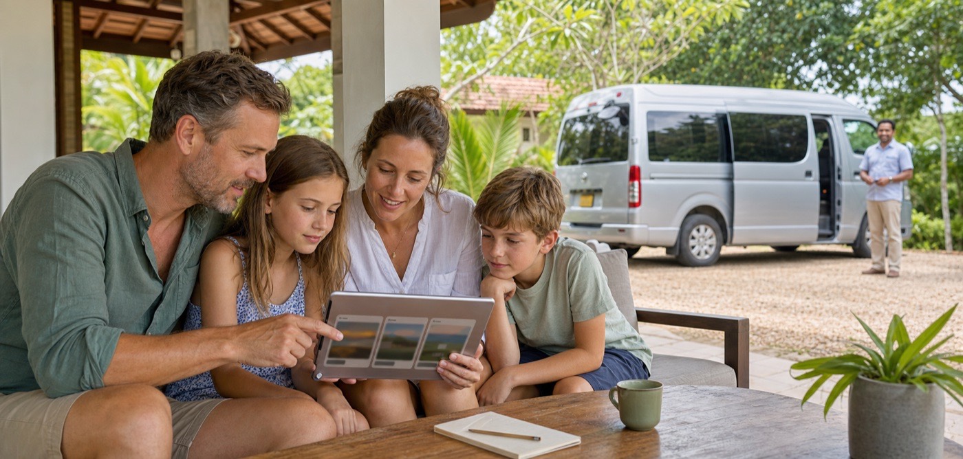 A family comparing private driver trip offers before traveling