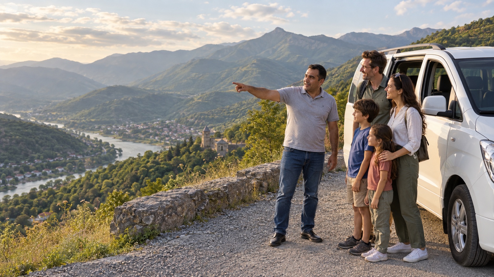 An Azerbaijani tour driver showing a family the Caucasus landscape