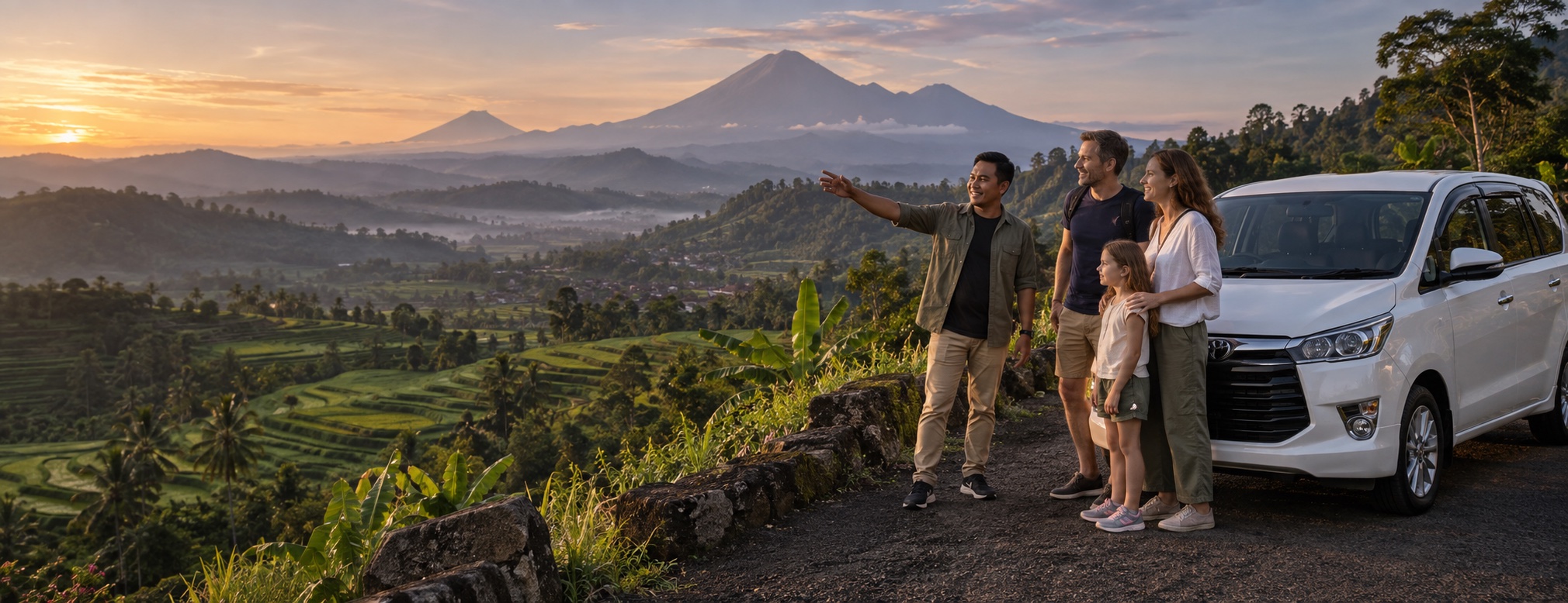 An Indonesian tour driver showing a family a tropical highland landscape
