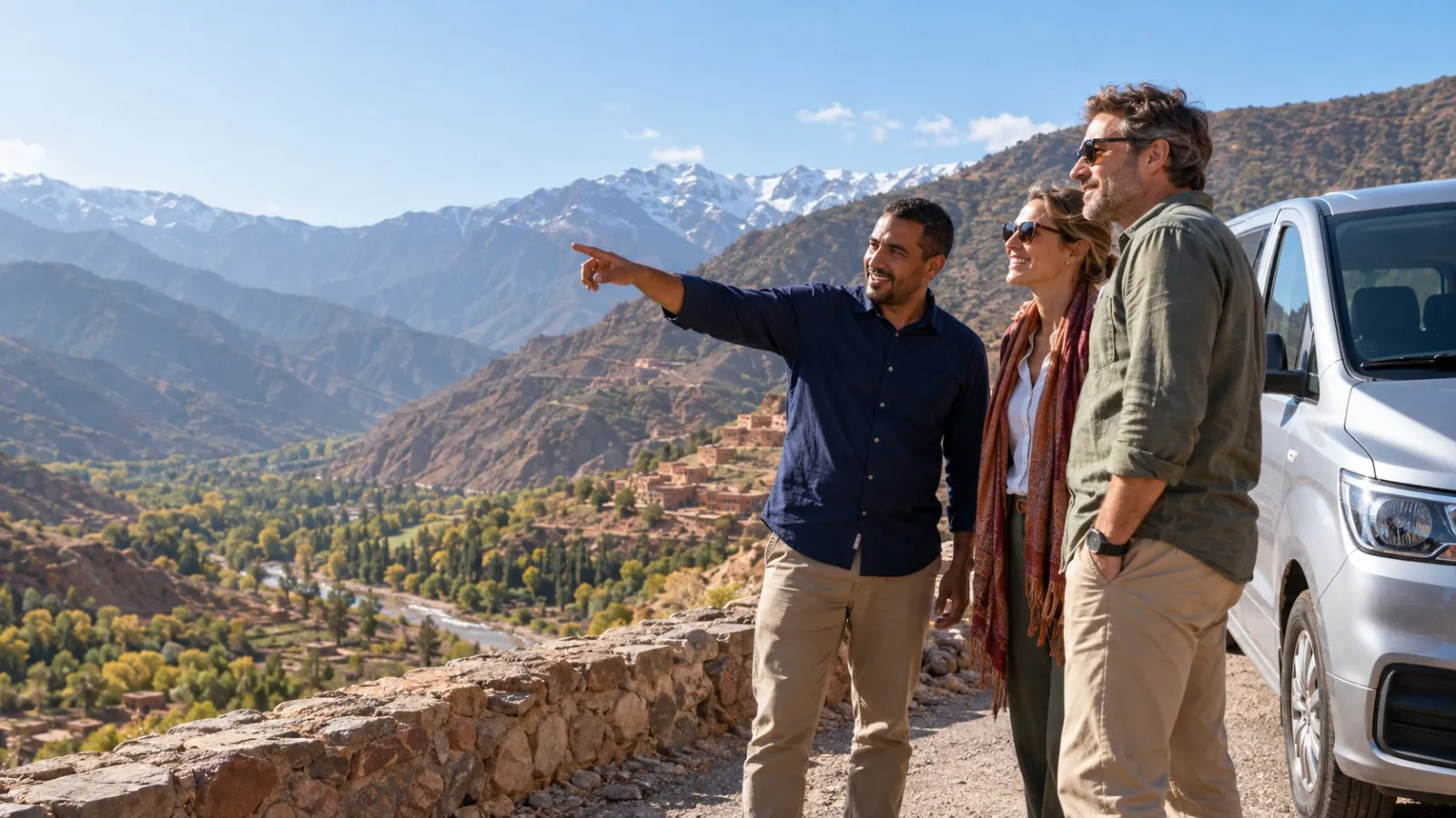 Illustrative scene of a Moroccan driver and travelers at an Atlas Mountains viewpoint