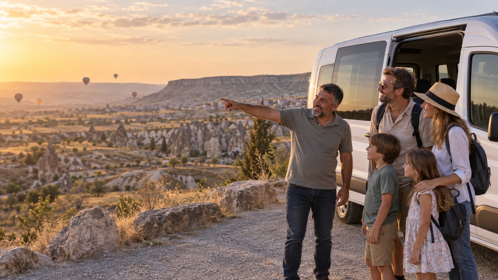 A Turkish tour driver showing a family the Cappadocia landscape