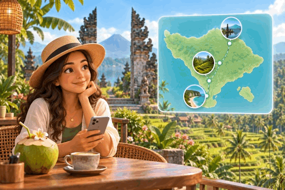 A traveler plans a Bali route, compares driver offers, and chooses a driver.