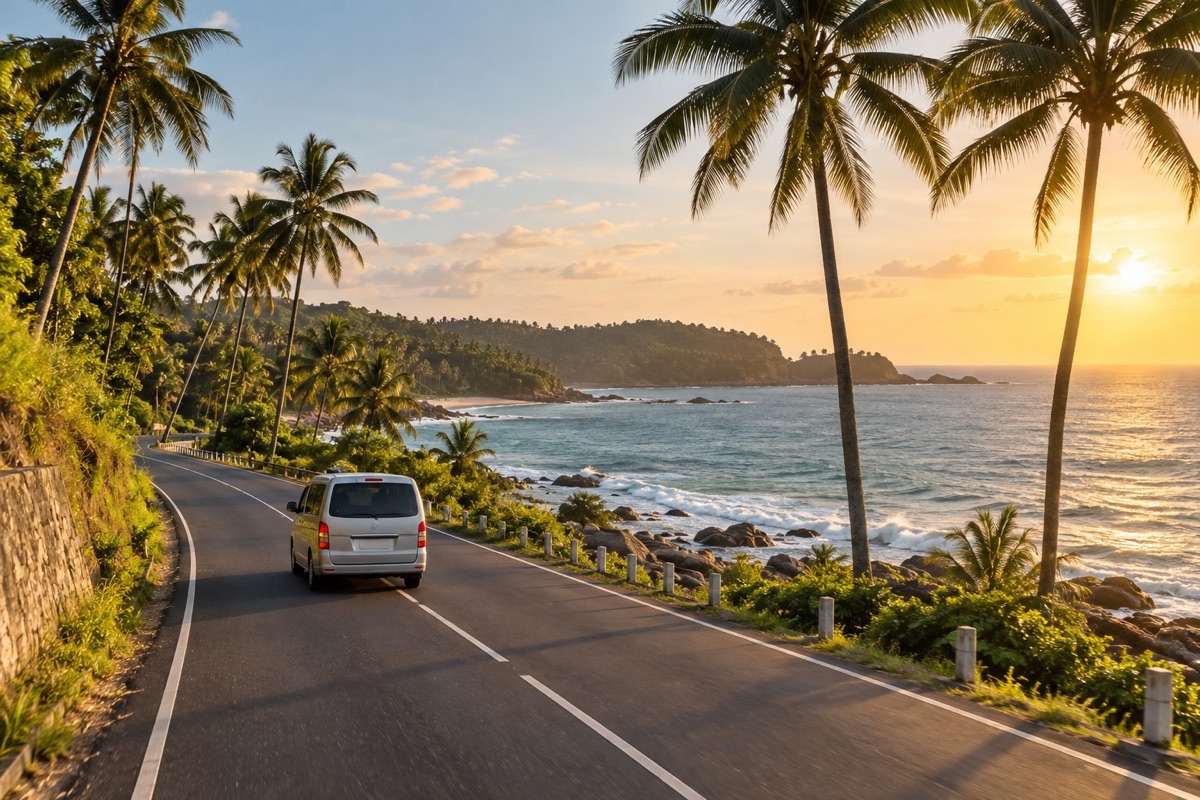 A private van following a palm-lined road beside Sri Lanka’s south coast