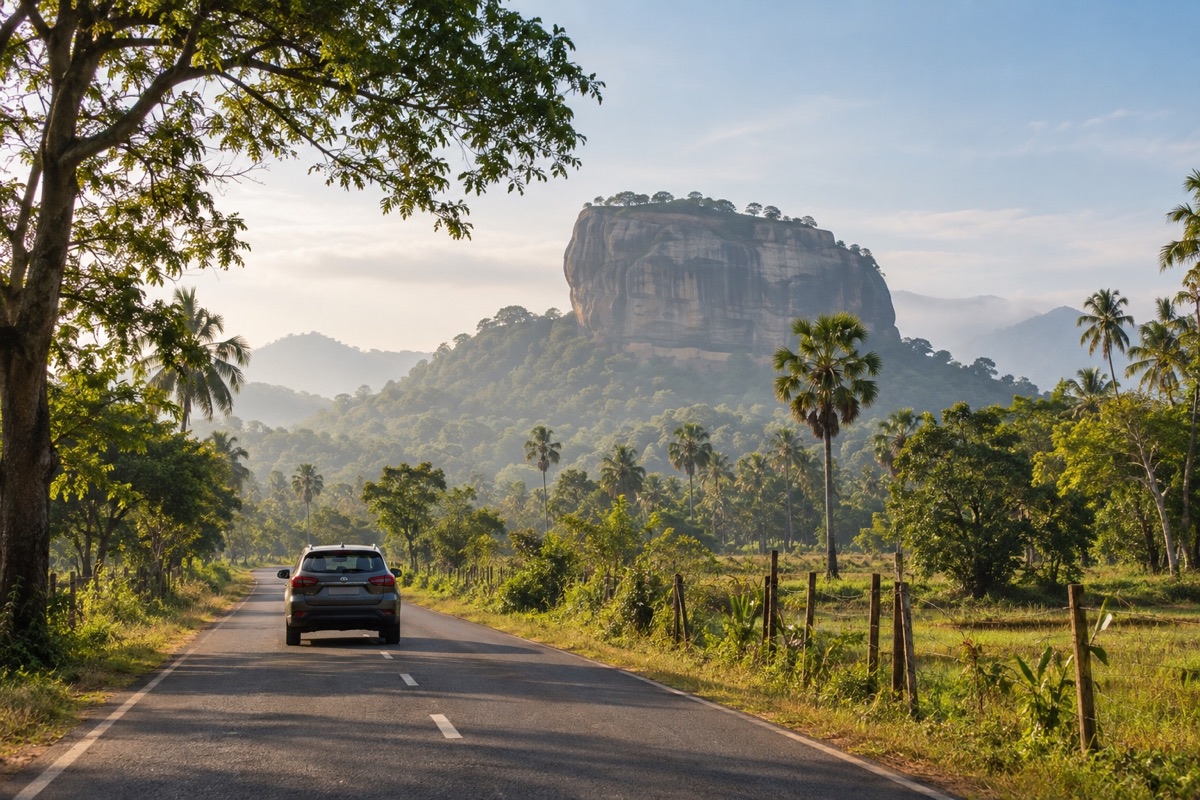 A private car traveling toward Sigiriya through Sri Lanka’s tropical countryside