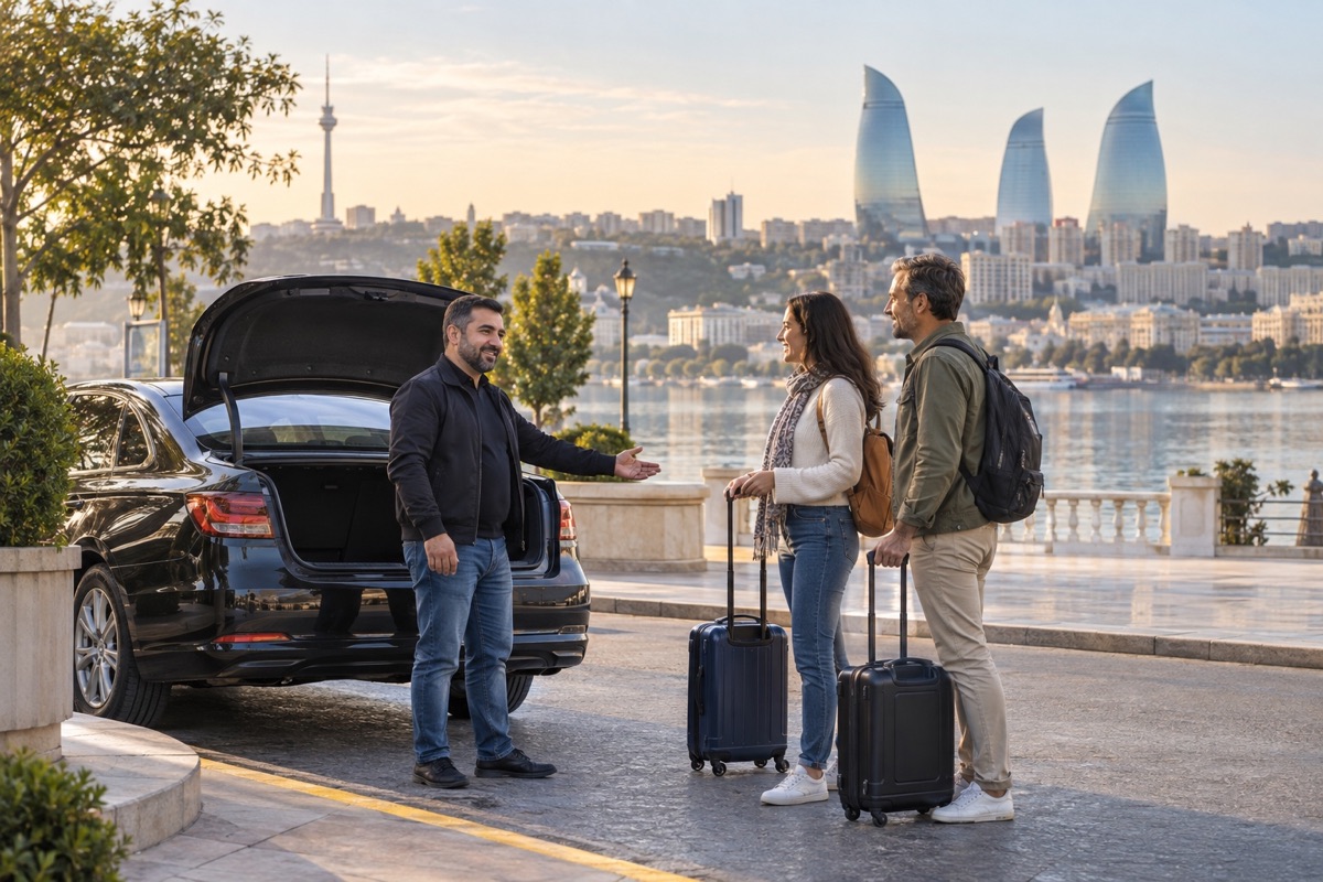 A local driver welcoming travelers in Baku with the Flame Towers in the distance