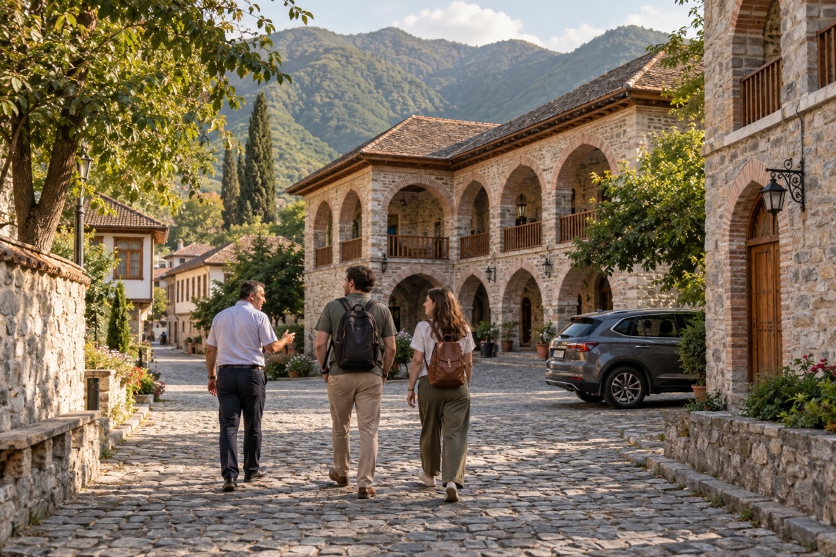 Travelers and a private driver arriving in the historic center of Sheki