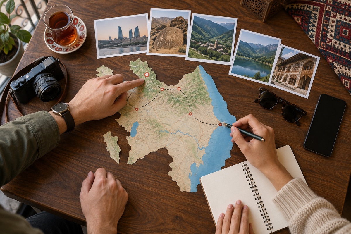 An Azerbaijan route map and practical travel-planning notes arranged on a table