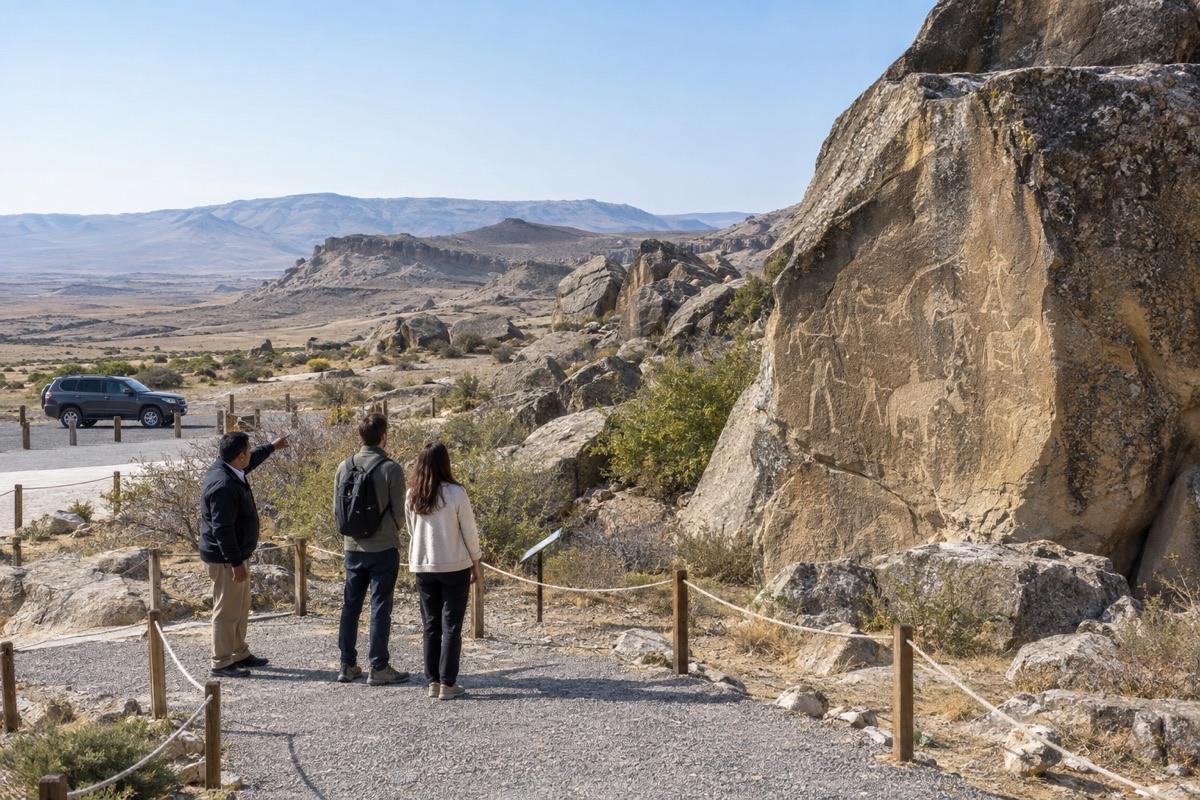 Travelers viewing ancient rock carvings in Gobustan with their driver nearby