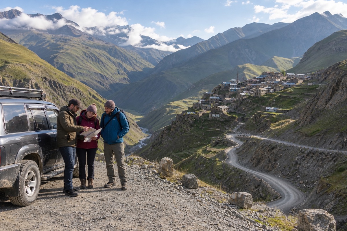 A suitable private vehicle on the mountain road toward Khinalig in northern Azerbaijan