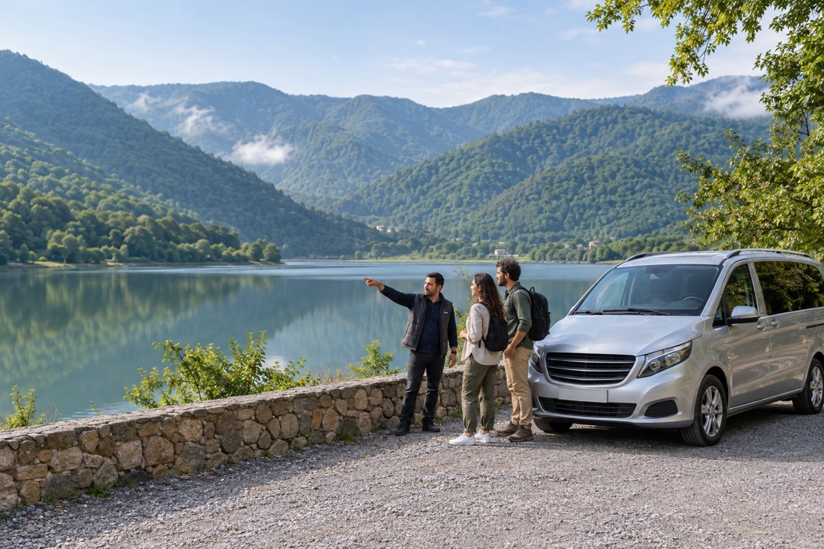 Travelers stopping beside a forest lake on the route between Gabala and Sheki