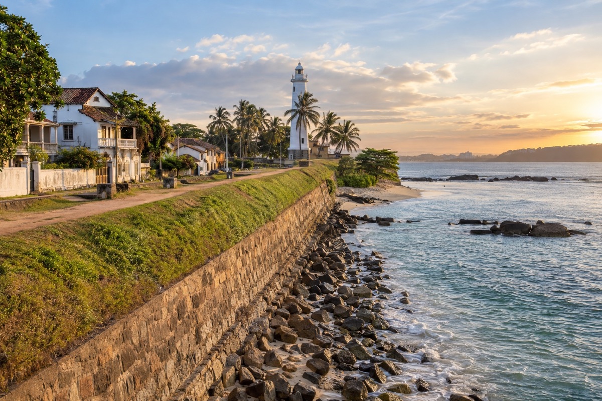 Galle Fort ramparts and lighthouse beside the Indian Ocean in late-afternoon light