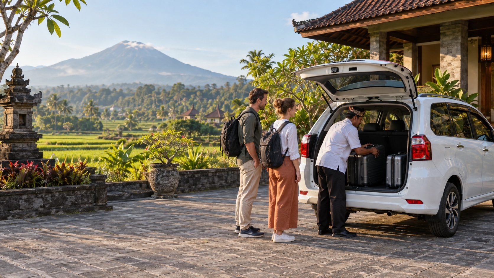 A private driver loading travelers’ luggage into a passenger vehicle at a Java guesthouse overlooking rice fields and mountains