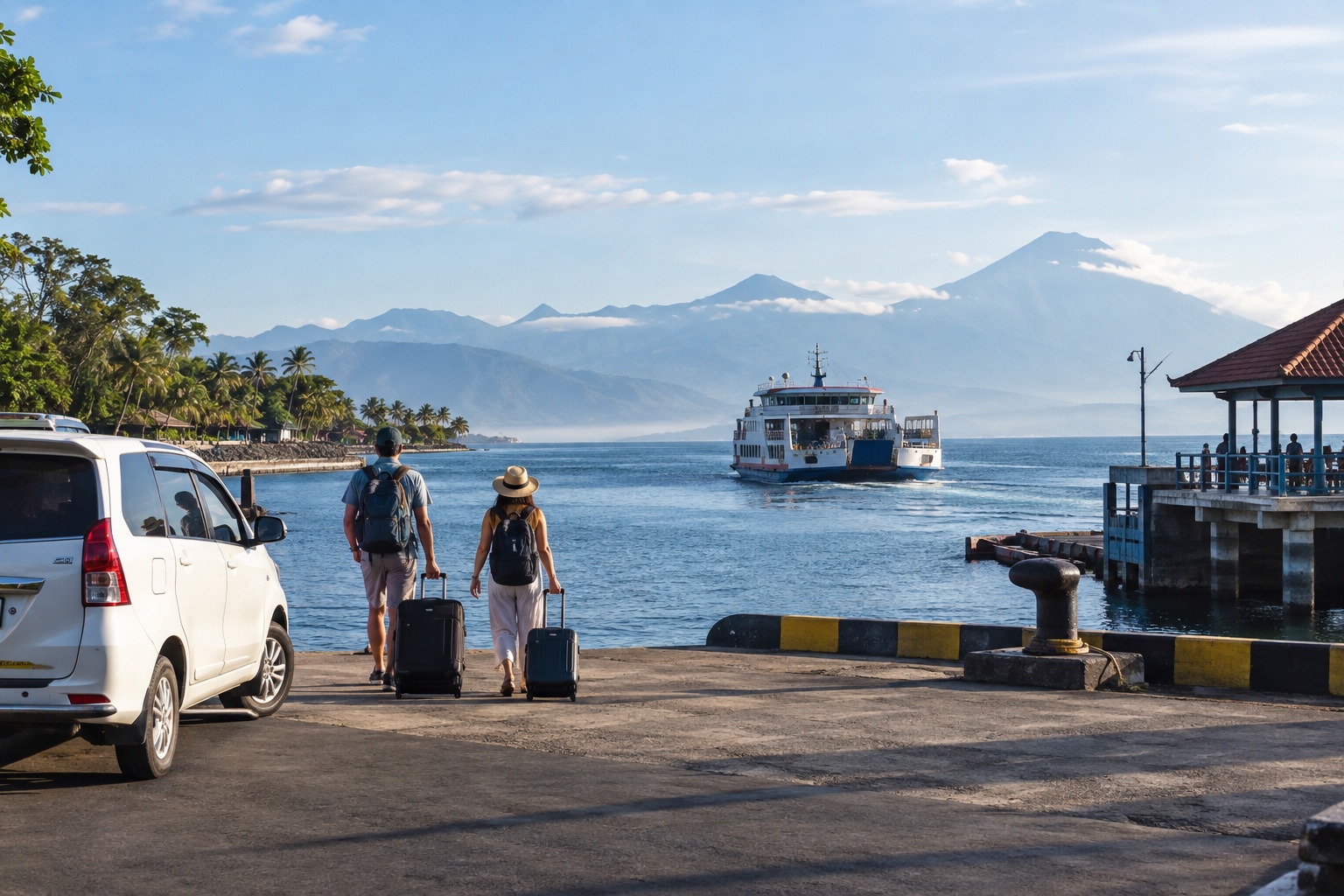 Travelers and their private vehicle preparing for the ferry connection from Bali toward Lombok
