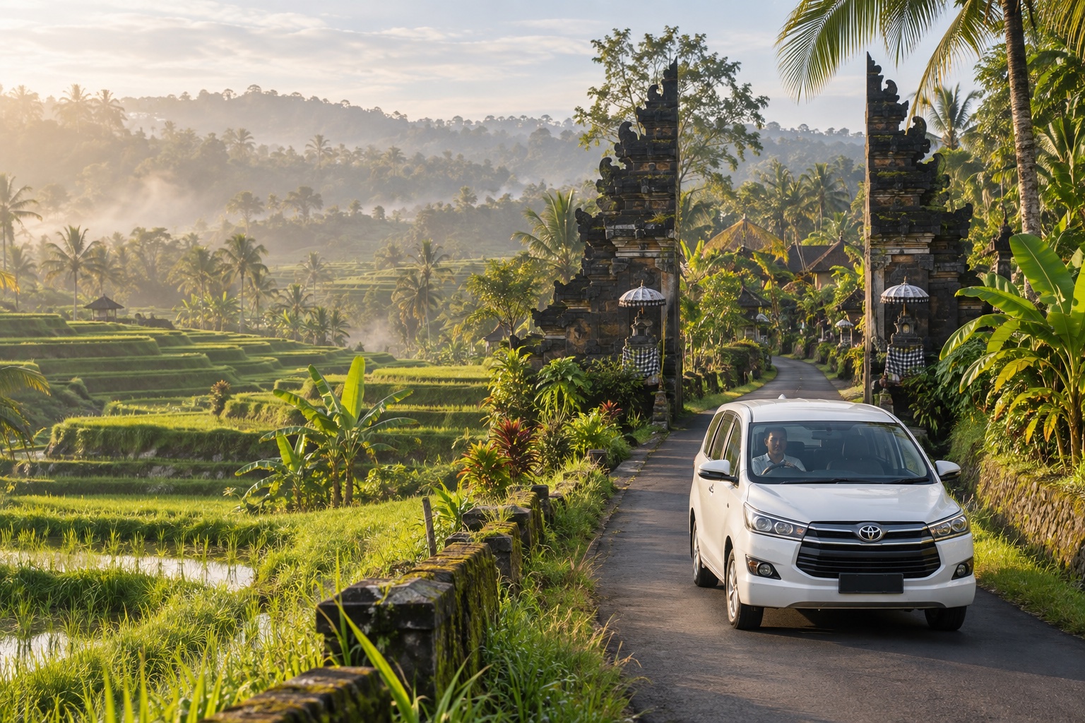 A private driver and travelers beside a white passenger vehicle on a Bali road near rice terraces and a traditional split gate