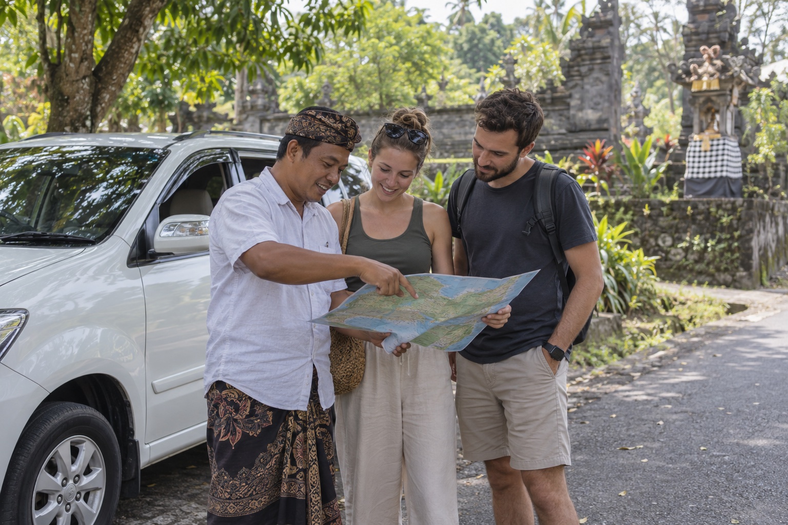 A Balinese private driver helping travelers plan their route beside a family vehicle