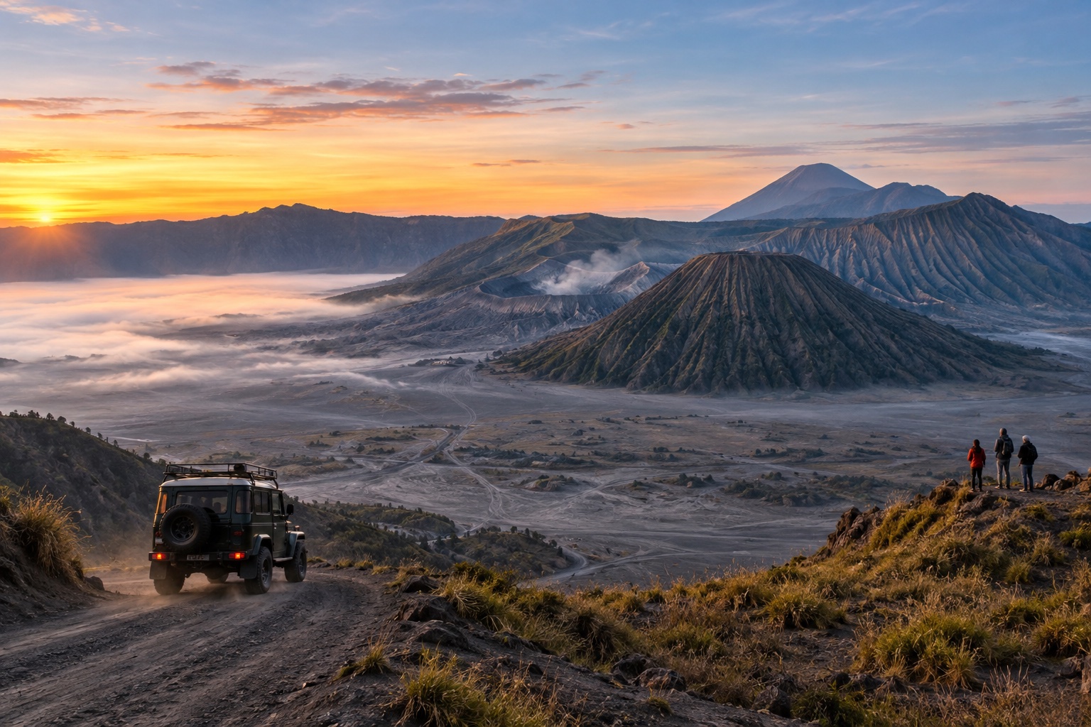 A four-wheel-drive vehicle crossing the volcanic landscape of Mount Bromo at dawn