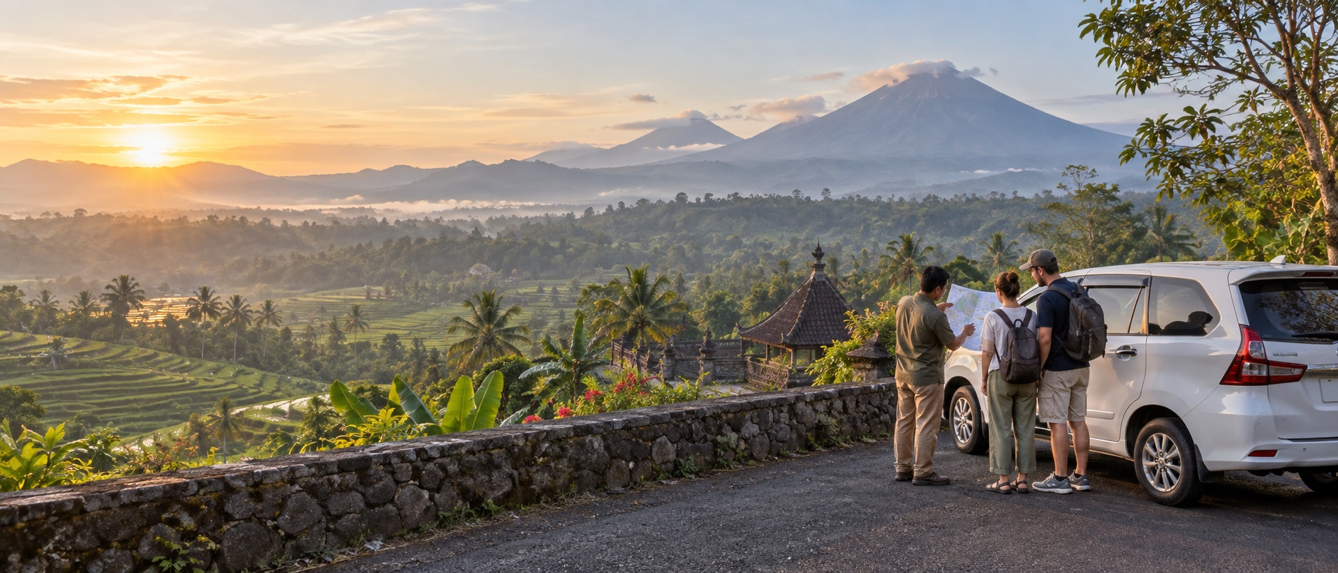 Travelers planning a flexible Indonesia road journey beside rice terraces, a volcano, and a private passenger vehicle