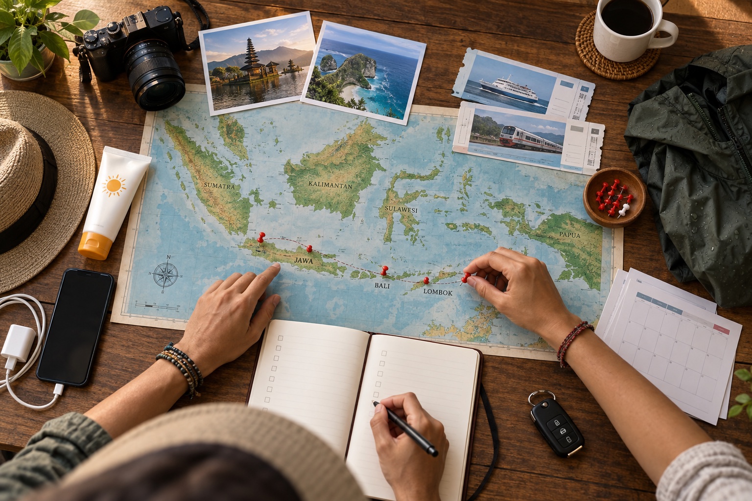 An Indonesia route map with planning notes for Java, Bali, and Lombok