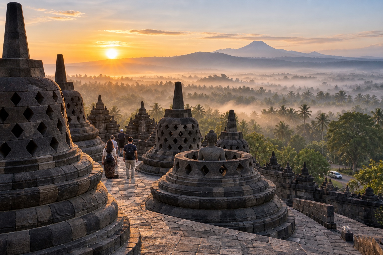 Borobudur temple stupas at sunrise above the misty hills of Central Java