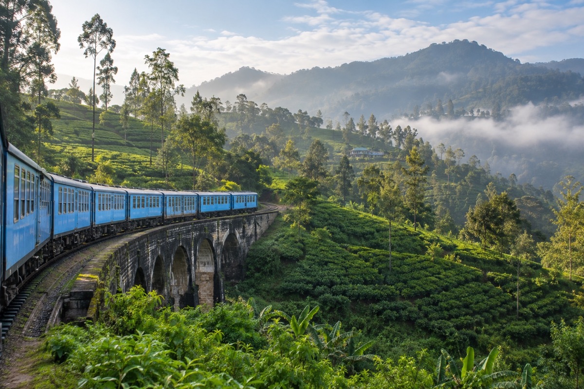 A blue Sri Lankan passenger train curving through green tea hills