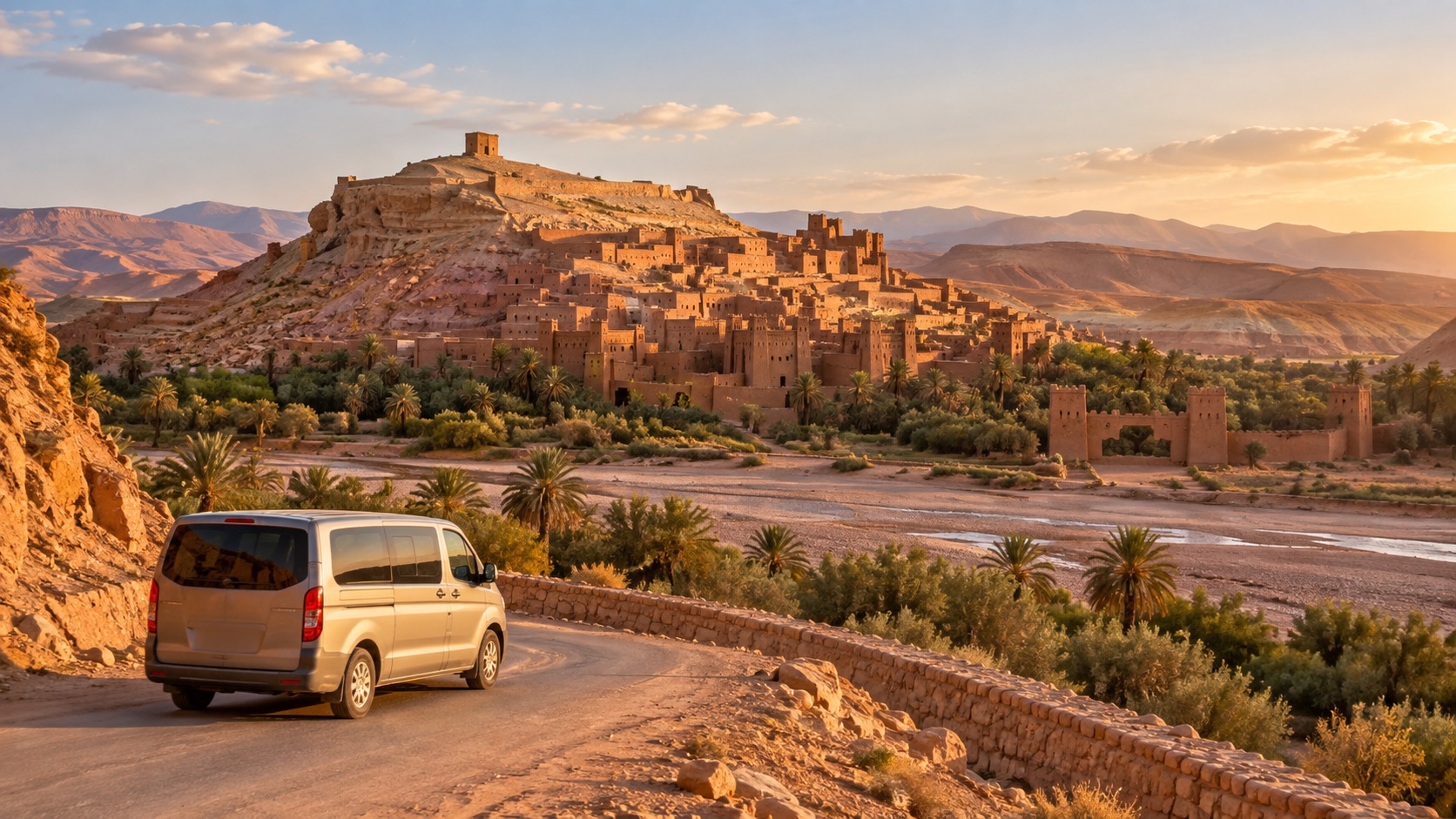 Illustrative private van approaching Ait Ben Haddou on a Morocco cities and desert journey