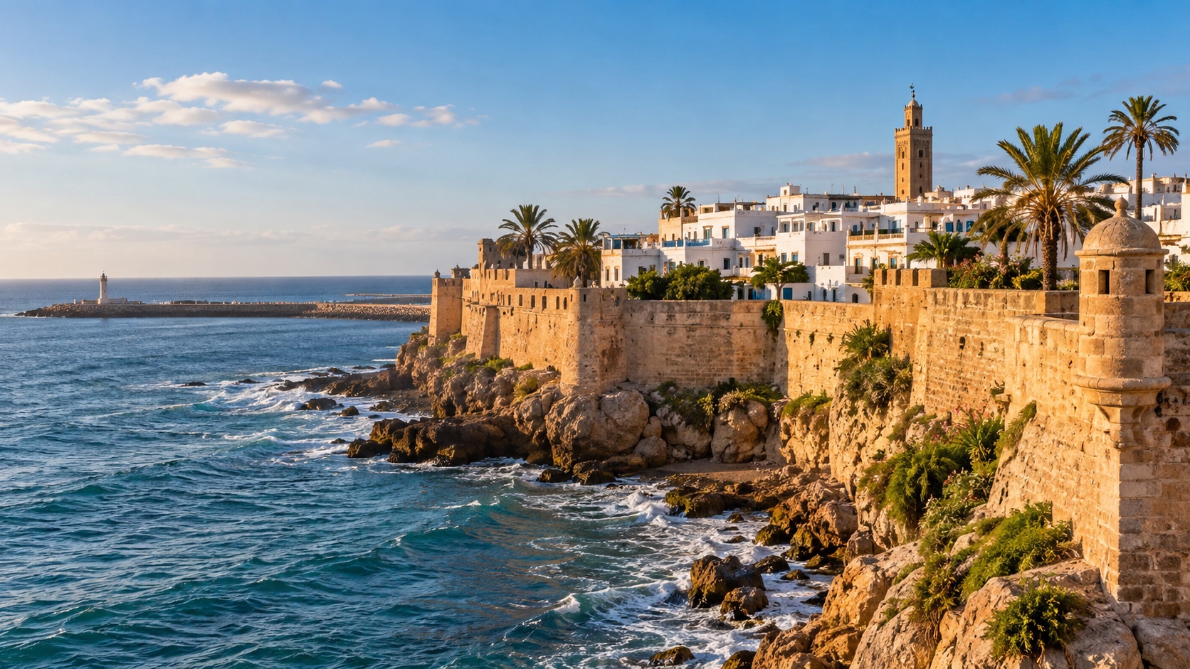 Illustrative Atlantic waterfront and kasbah architecture for a Morocco city and coast itinerary