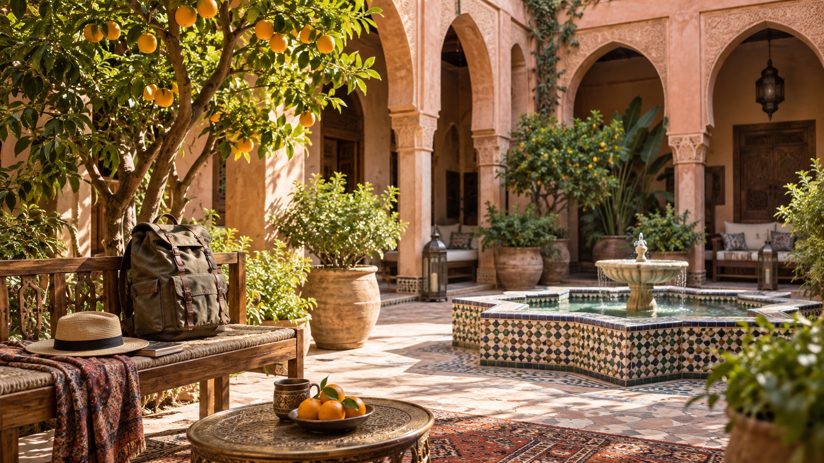 Illustrative Marrakech courtyard with a fountain and a day bag ready for a relaxed week of exploring