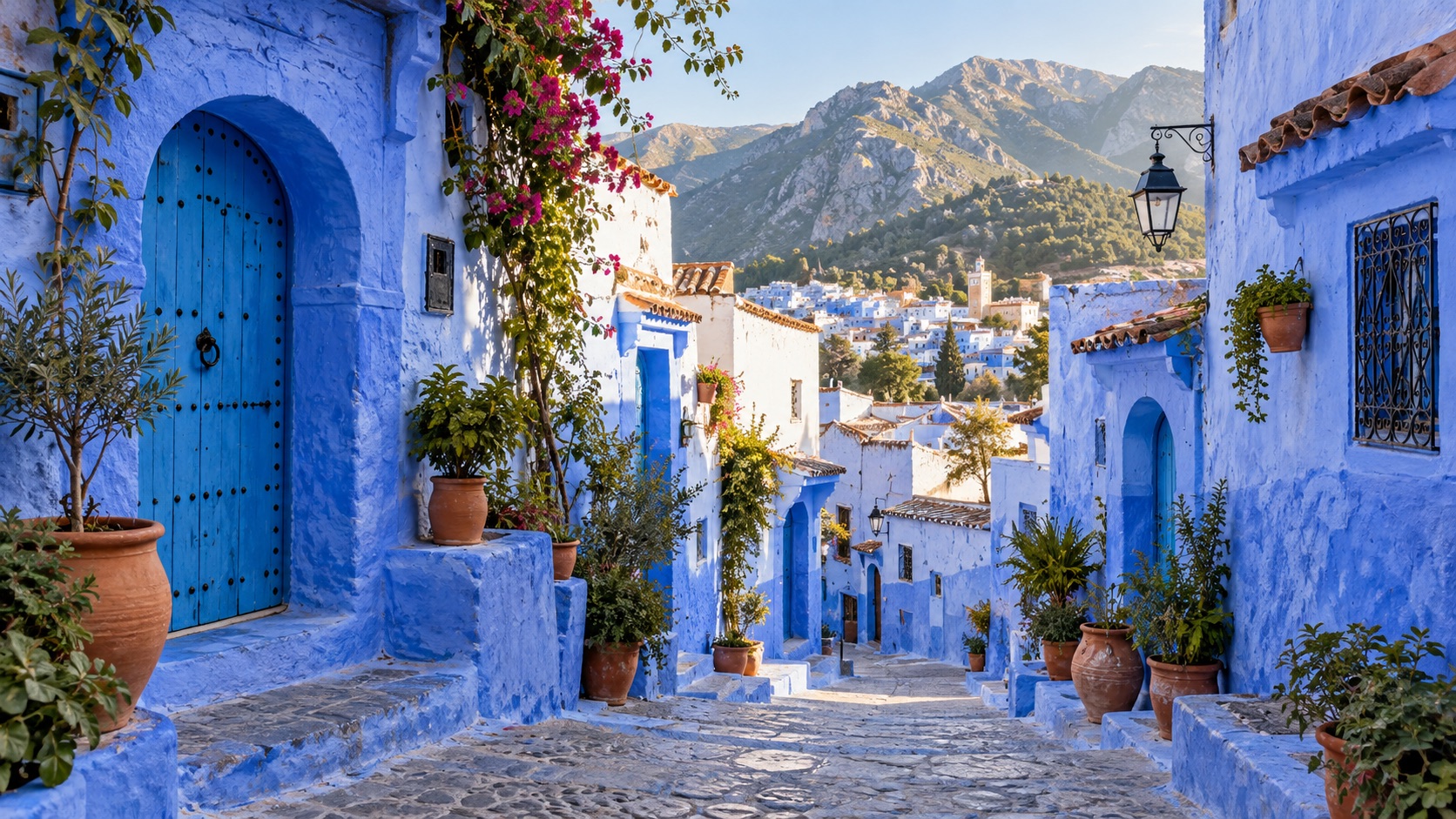 Illustrative blue-washed lane and doorways in Chefchaouen