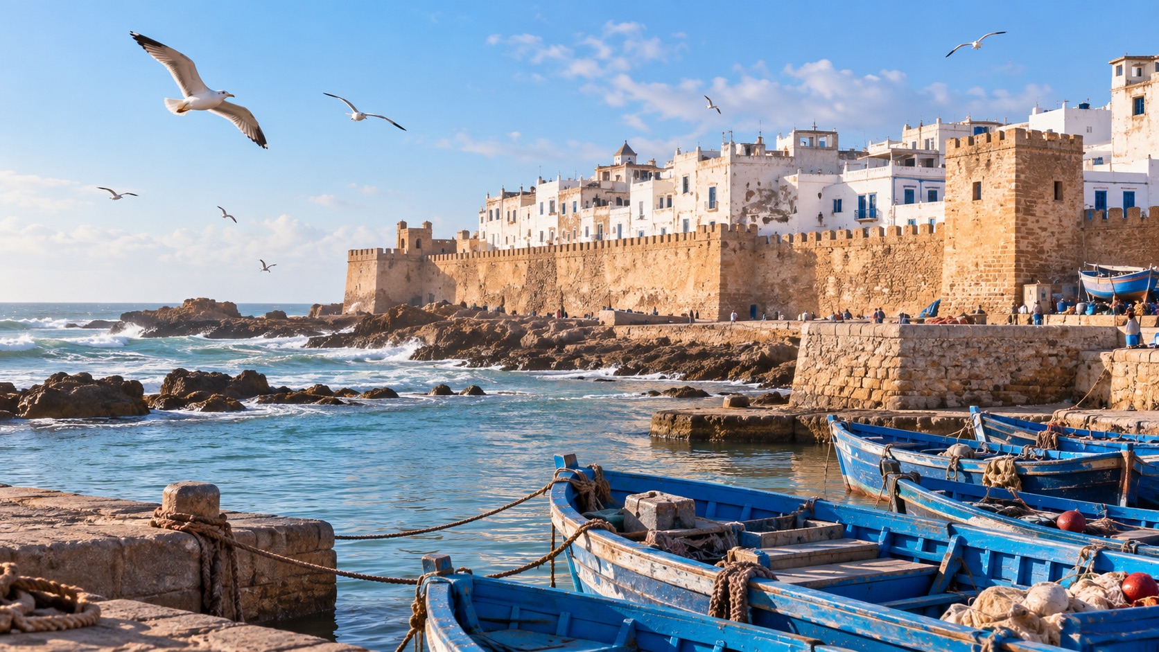 Illustrative Essaouira ramparts and blue fishing boats beside the Atlantic