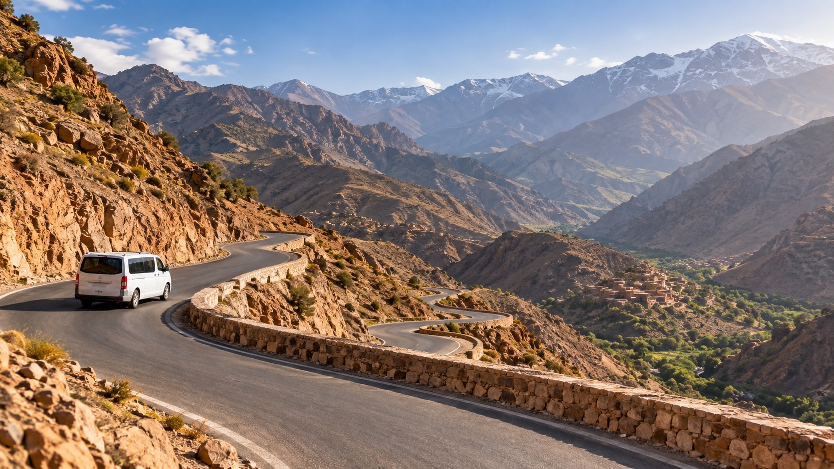 Illustrative passenger van following a paved mountain road through the High Atlas