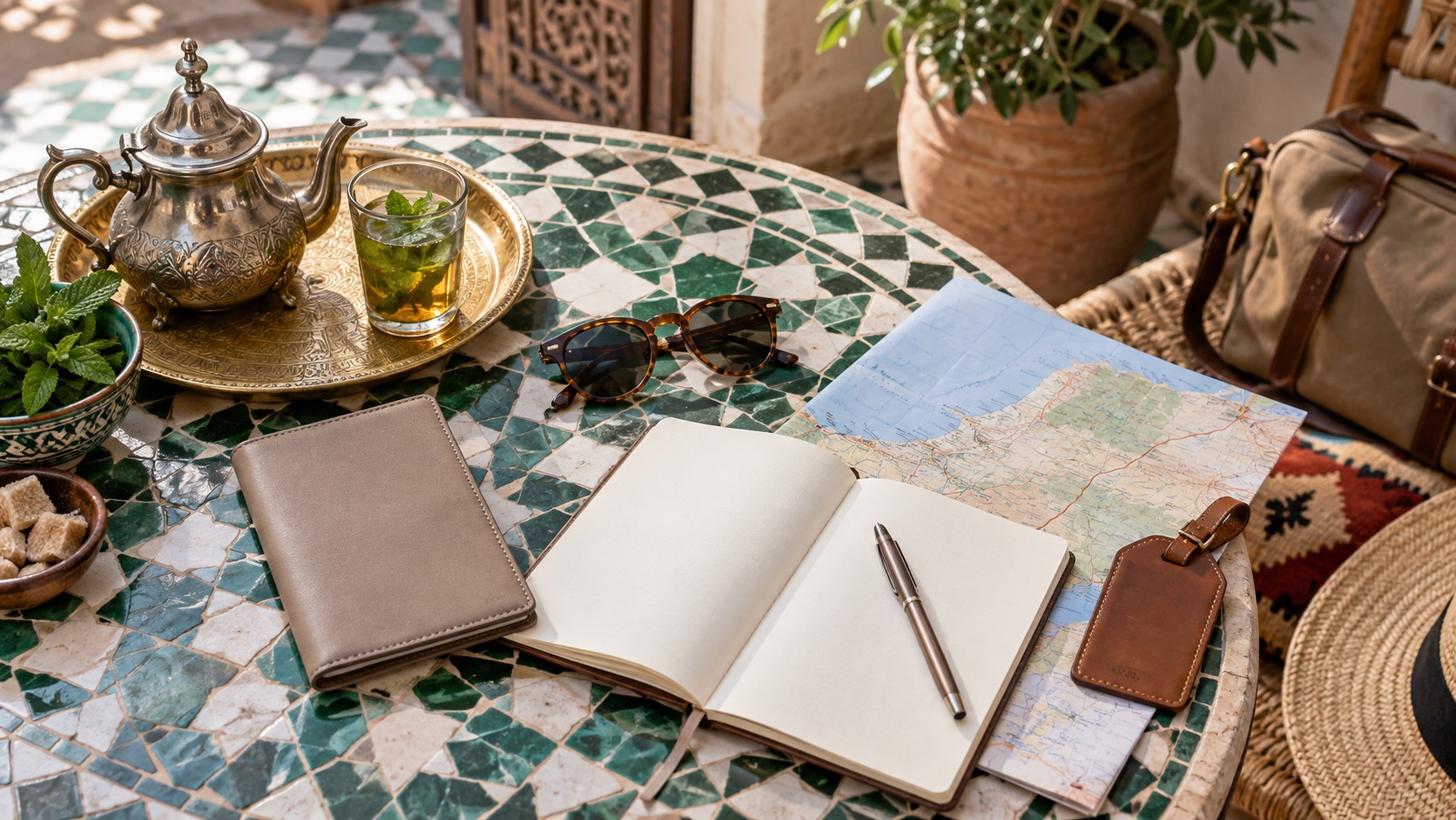 Illustrative travel notebook, map and luggage essentials on a Moroccan tiled table