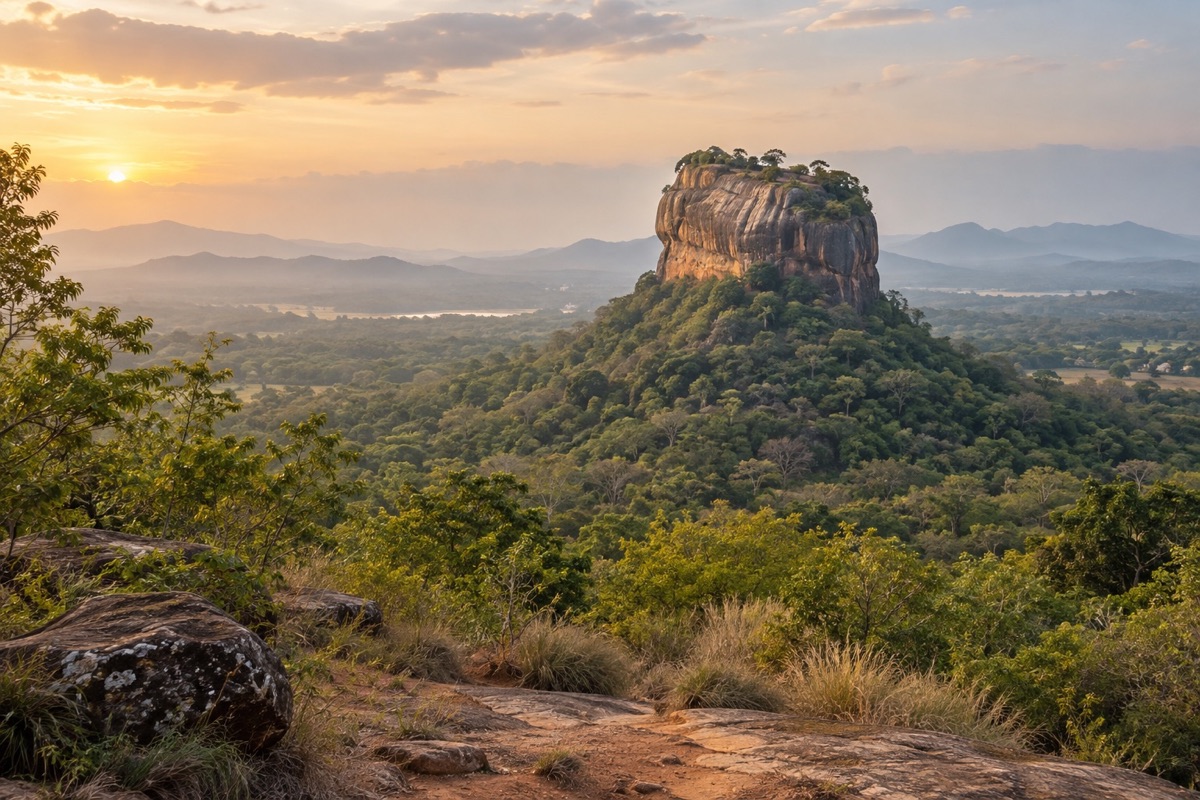 Sigiriya rising above Sri Lanka’s Cultural Triangle landscape at sunrise