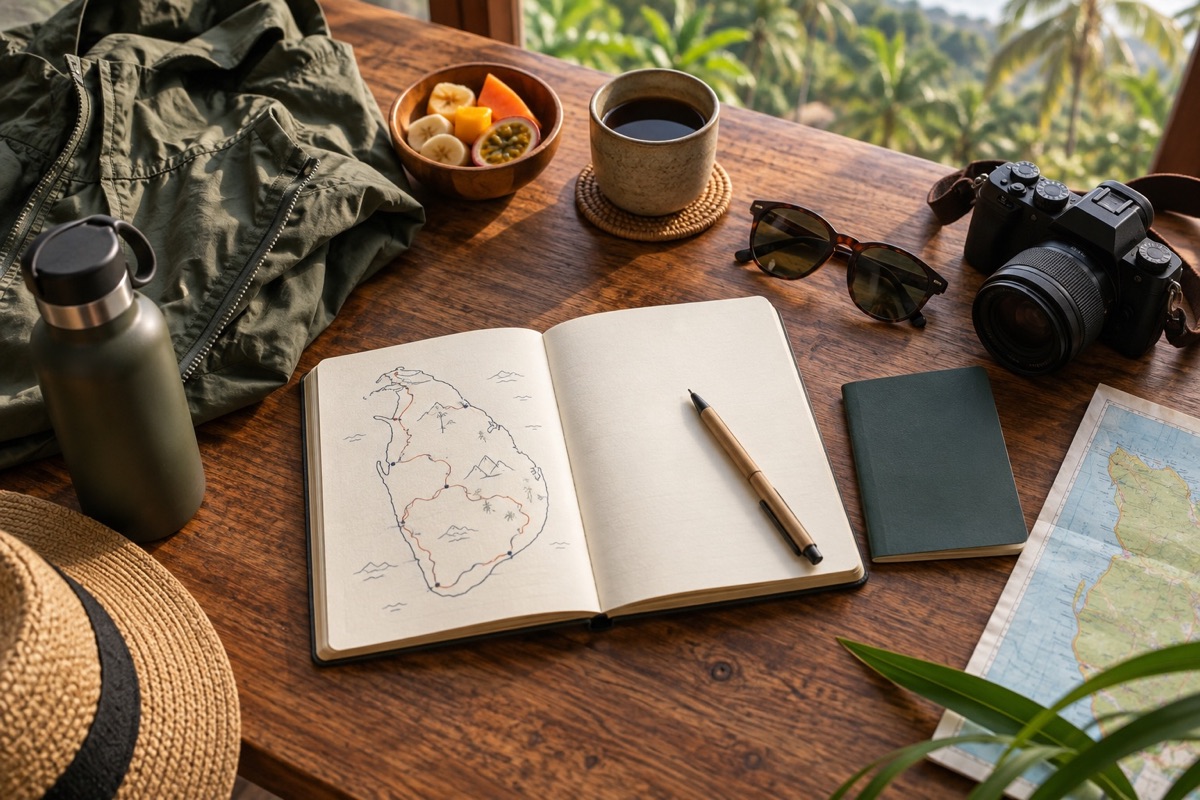 Sri Lanka travel planning essentials arranged around a route notebook