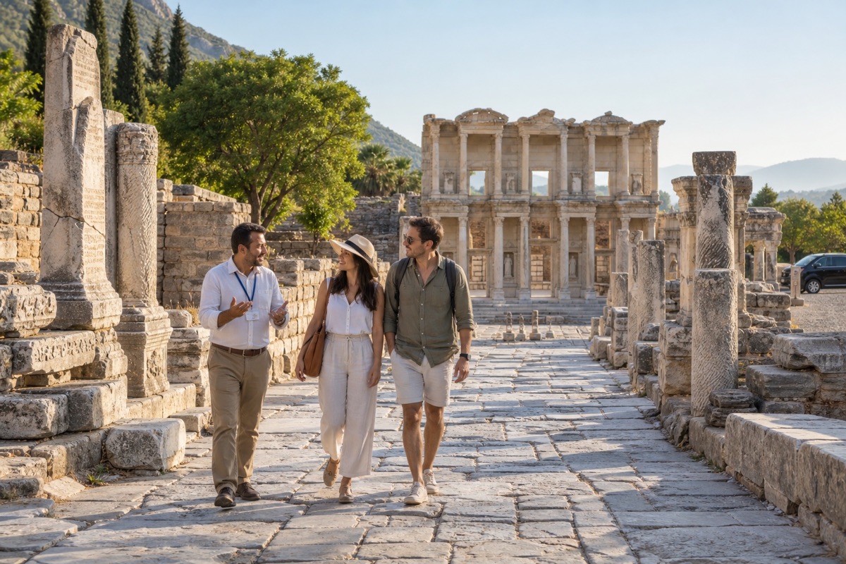 Travelers exploring the ancient city of Ephesus during a private Turkey journey