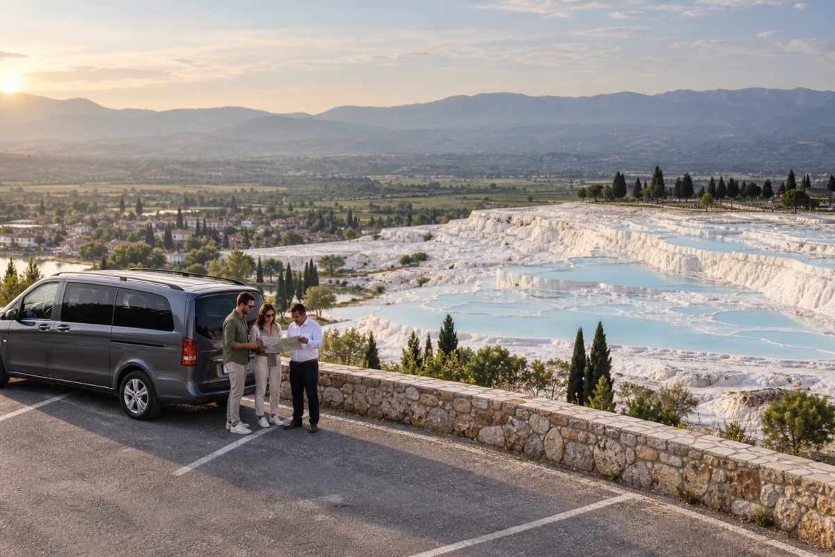 Travelers arriving at the white terraces of Pamukkale on a two-week Turkey route