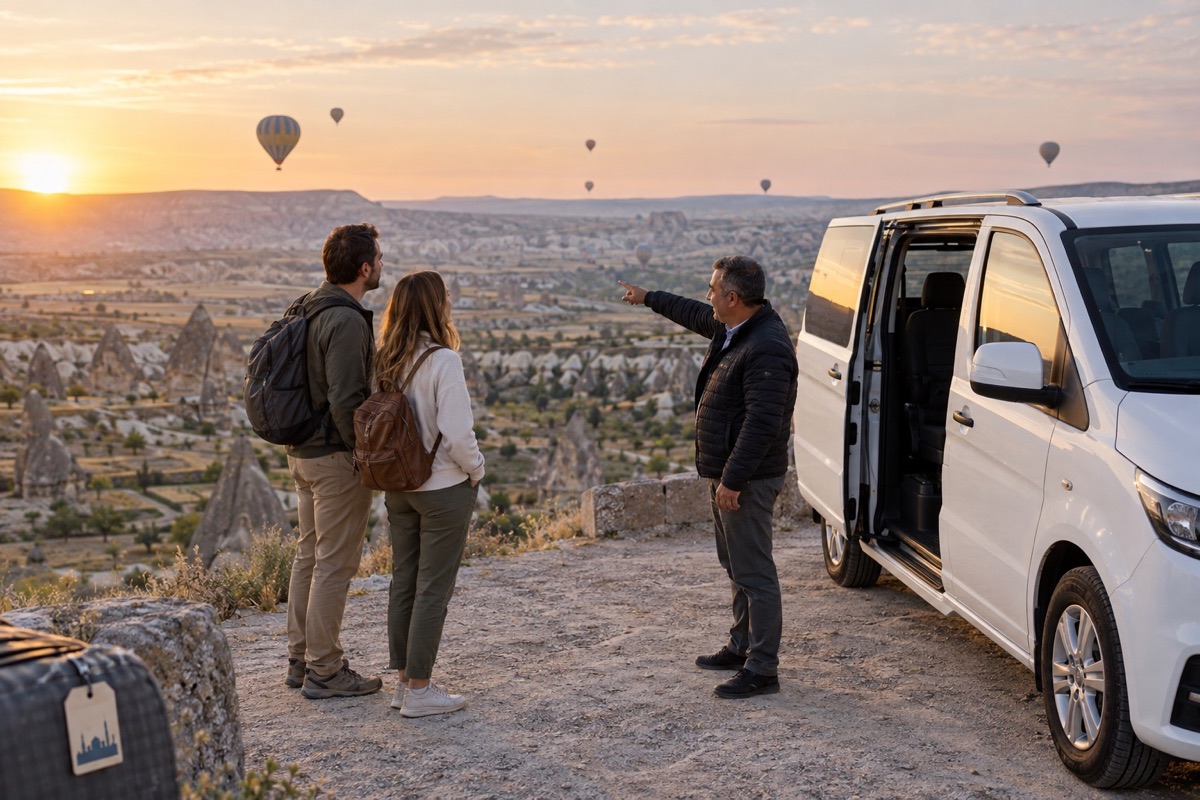 A local driver showing travelers the Cappadocia landscape beside their private vehicle