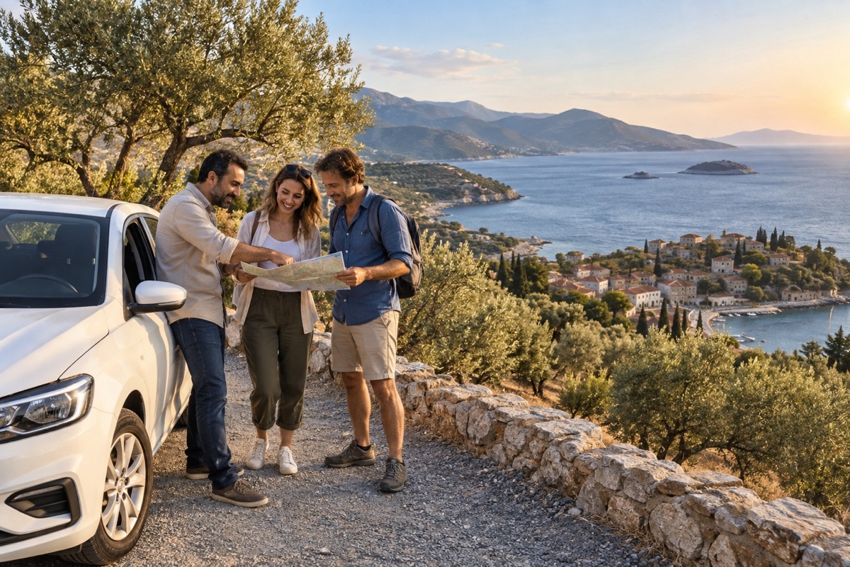 A private vehicle following a scenic road beside Turkey’s Aegean coast