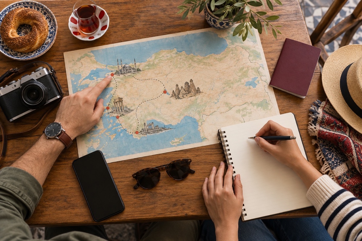 A Turkey route map and travel-planning checklist arranged on a table