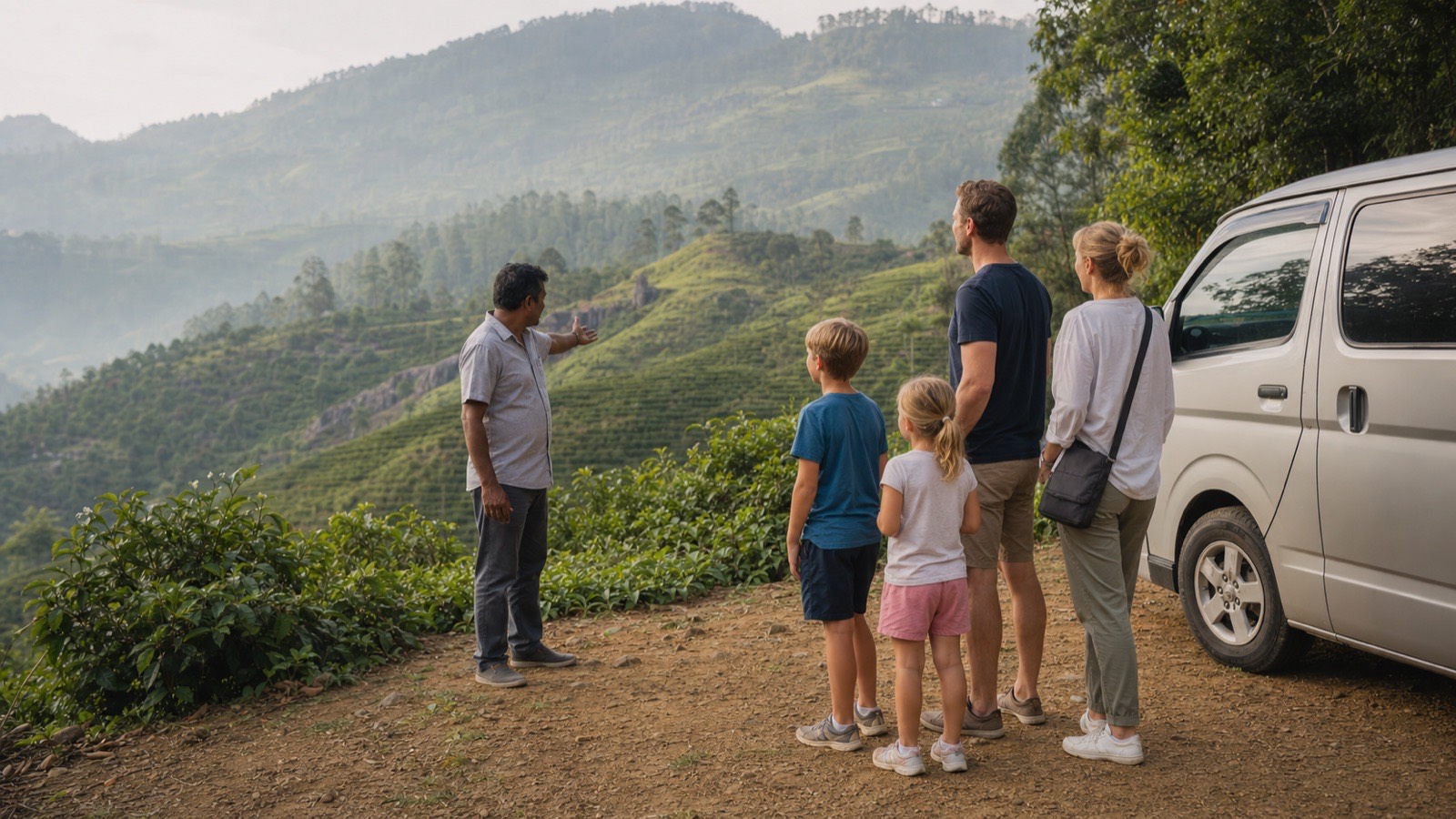 A Sri Lankan tour driver showing a family the hill-country landscape